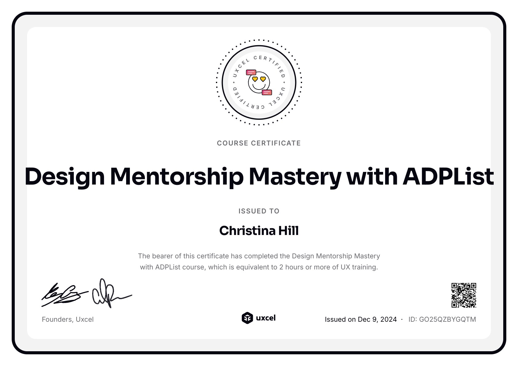 Christina Hill's certificate